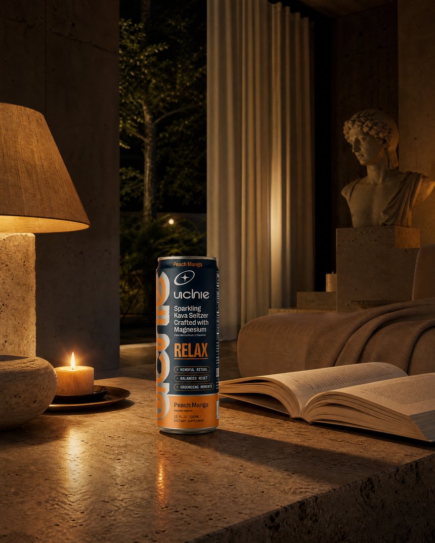 A warm, candle-lit evening with a can of Uchie Relax and an open book